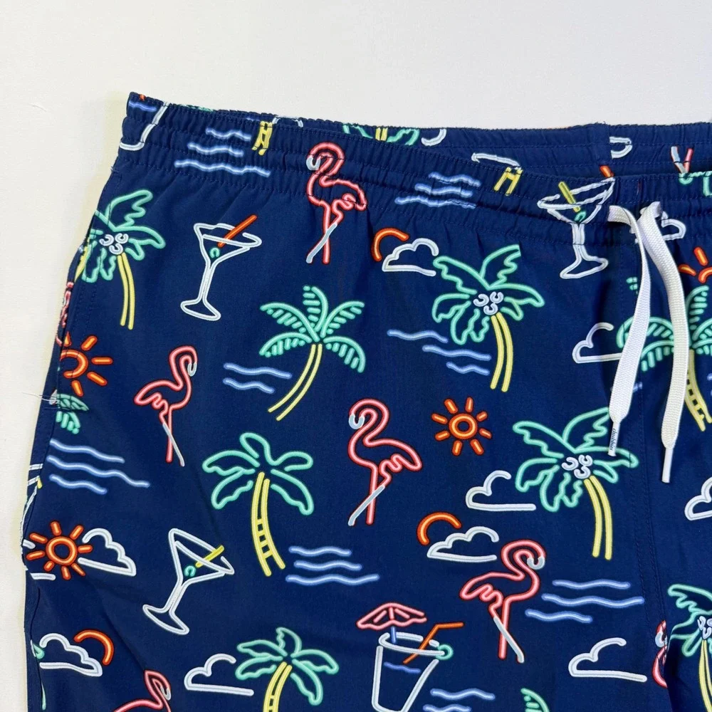 Chubbies Mens Navy Blue Neon Flamingo Palm Tree Print Swim Trunks Mesh Liner 3XL